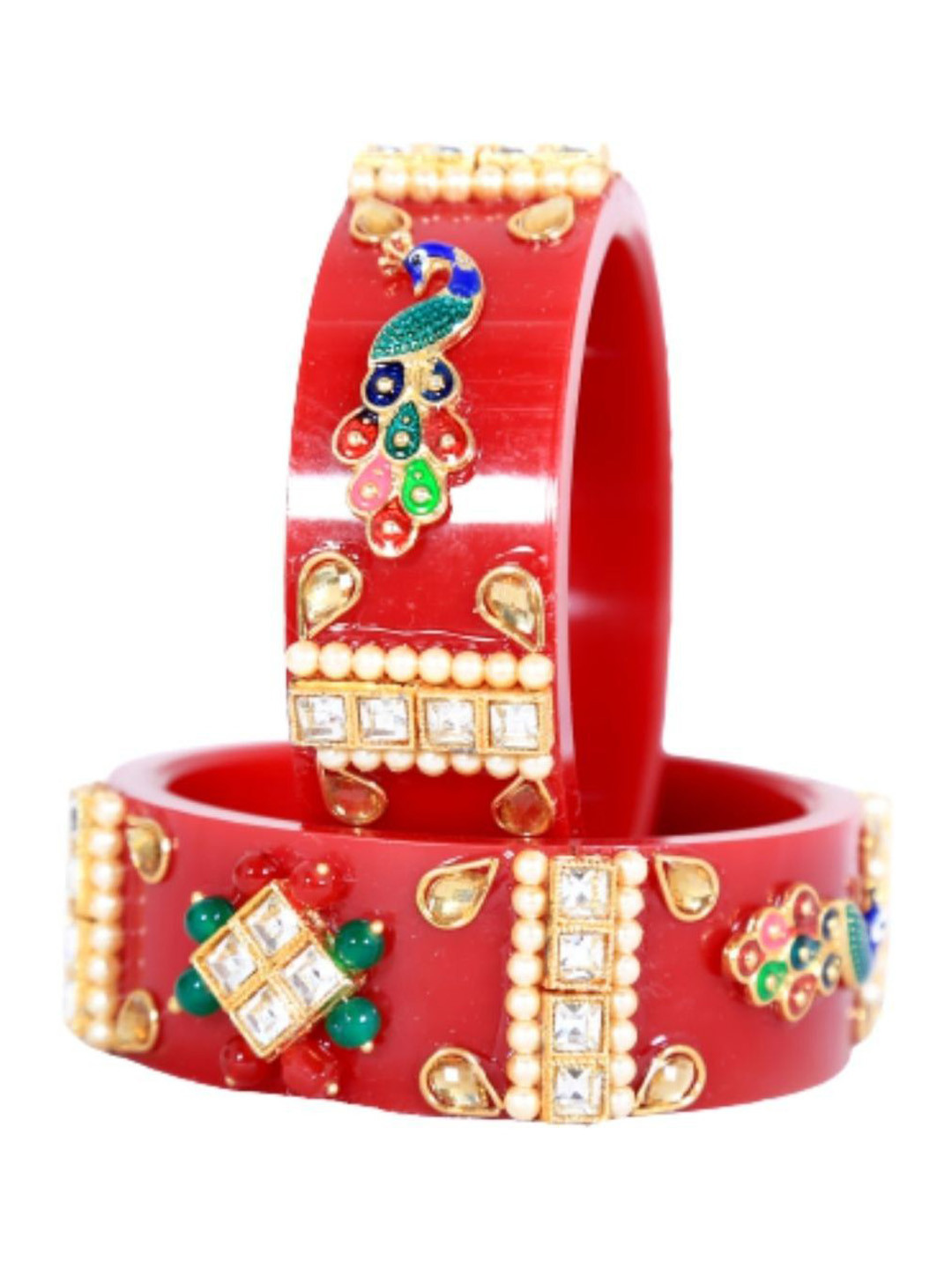 

Align Set Of 2 Gold Plated Stone Studded & Pearls Beaded Bangles