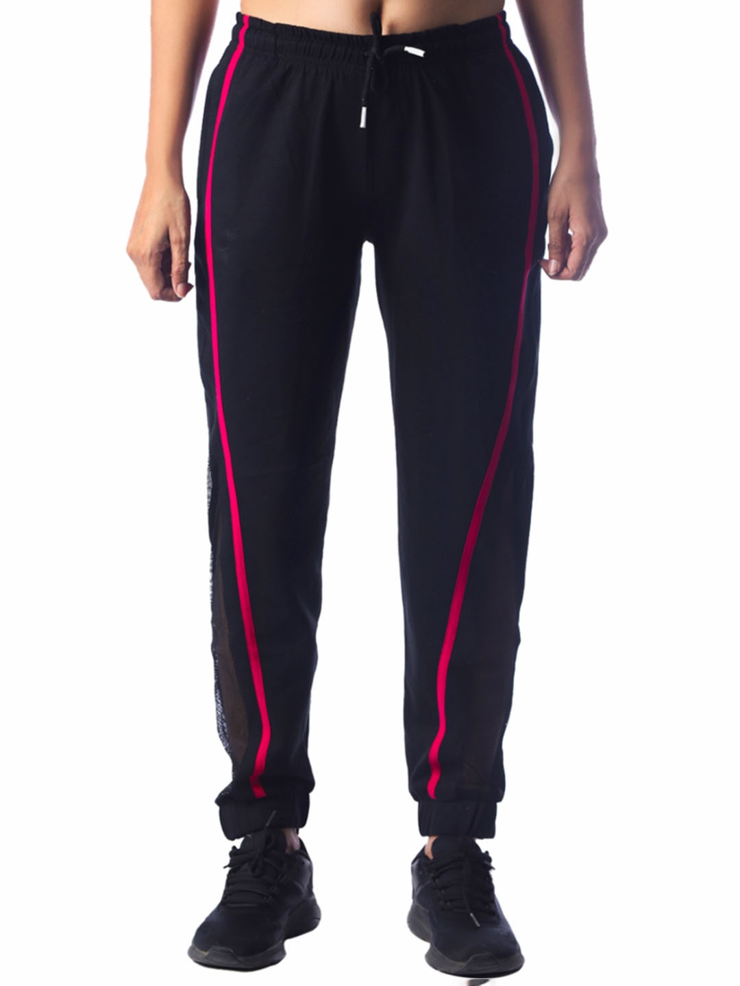 

London Hills Women Striped Cotton Regular Fit Mid-Rise Joggers, Black