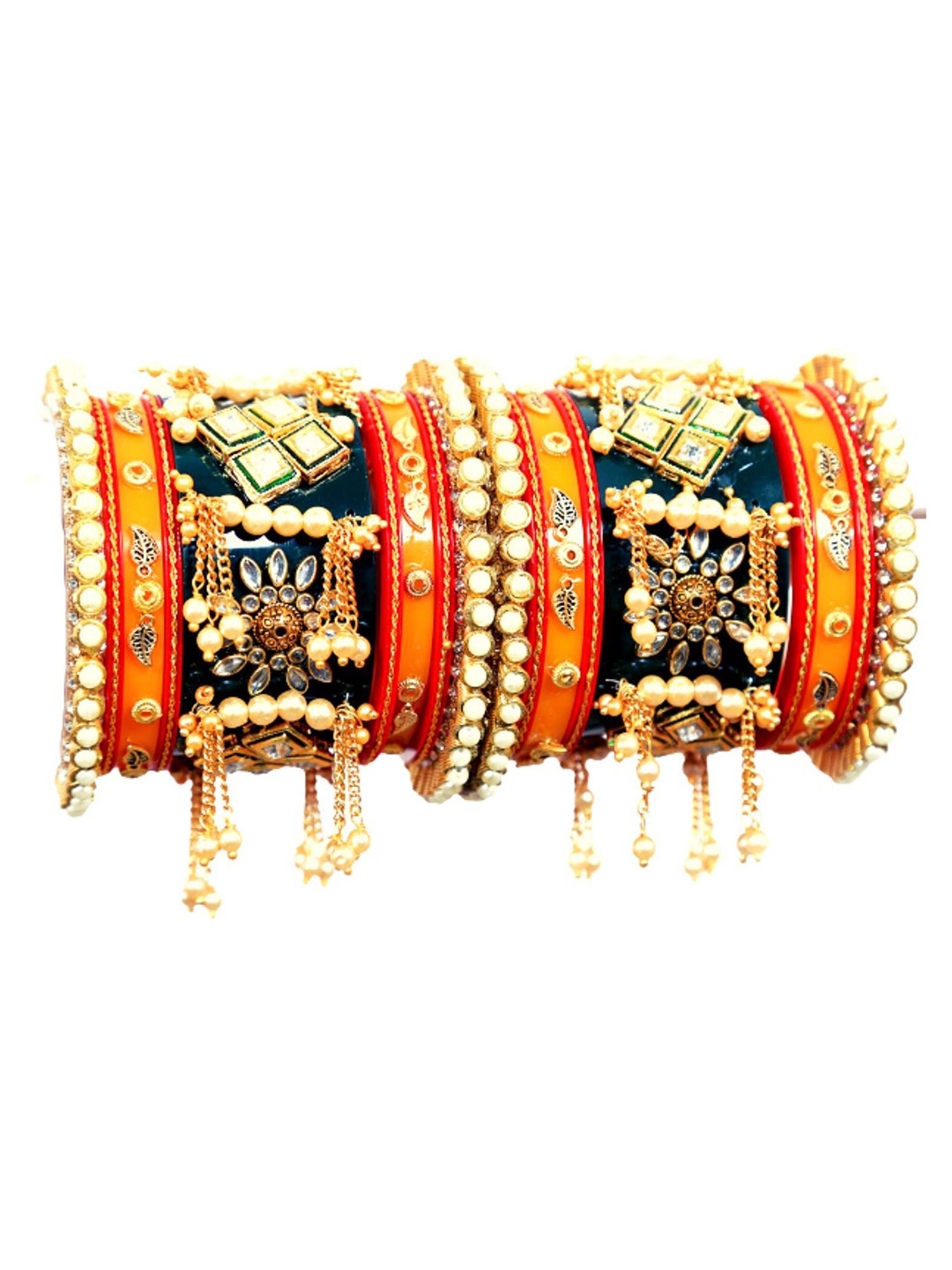 

Align Set Of 2 Gold-Plated Stones & Beads Studded Pearl Chuda Bangles With Hangings