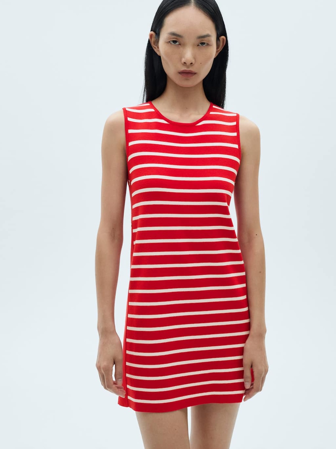 

MANGO Striped T-shirt Dress with Metallic Button Detail on the Sides, White