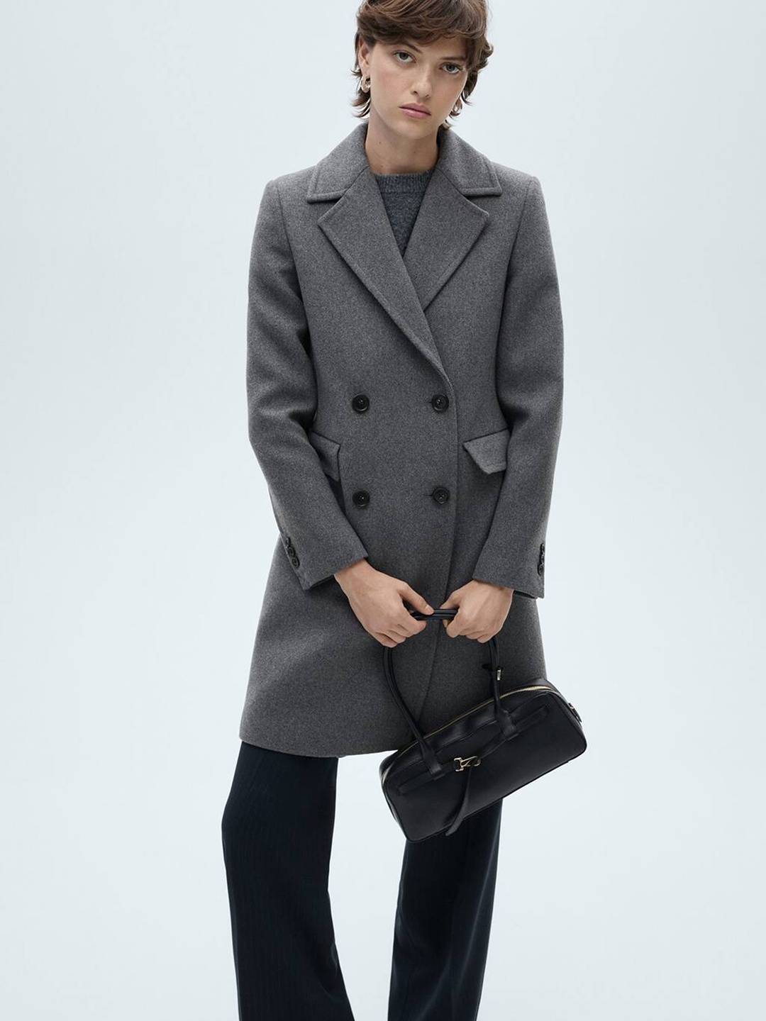 

MANGO Double-Breasted Longline Coat, Charcoal