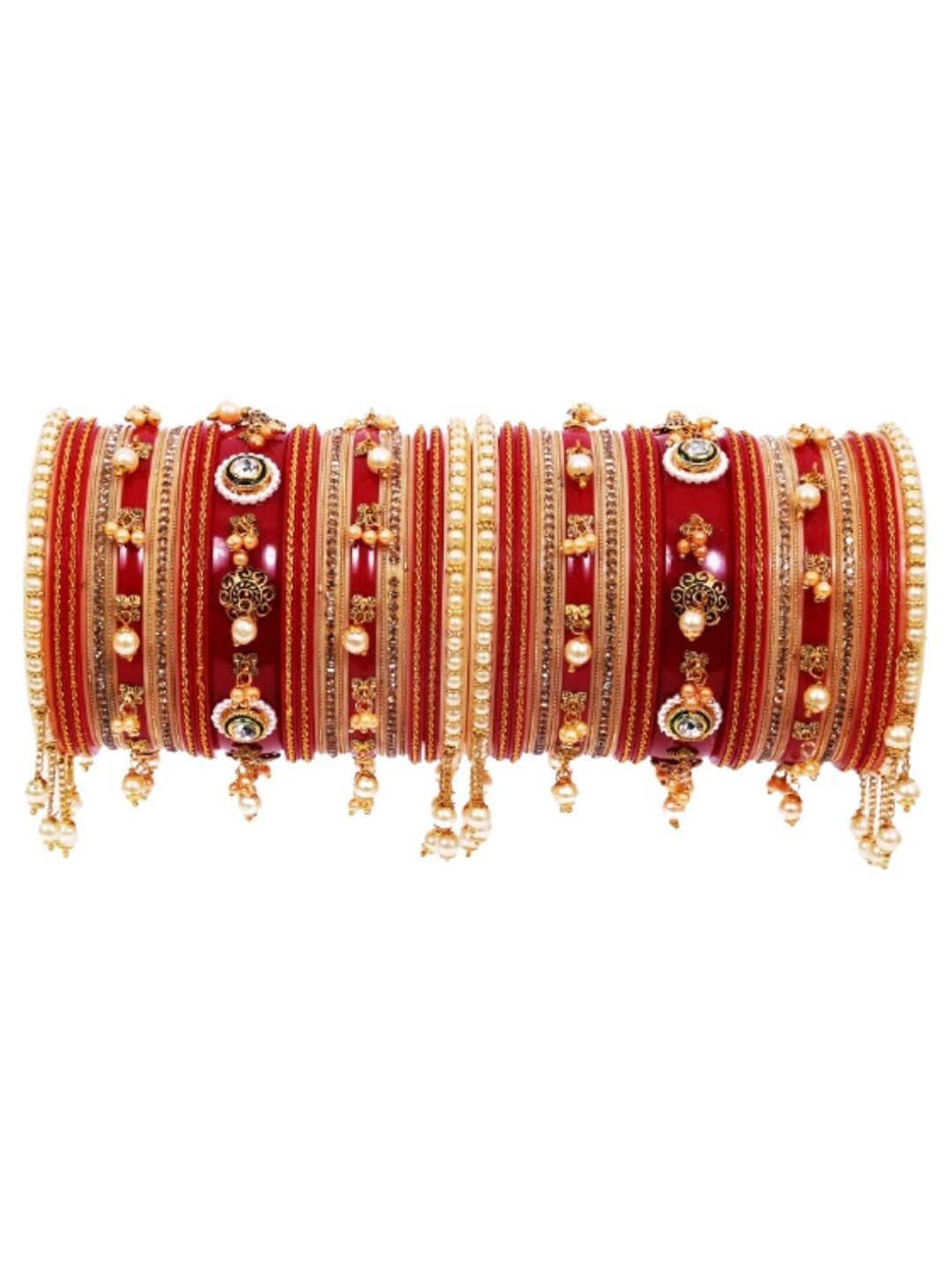

Align Set Of 2 Gold-Plated Stone Studded & Pearls Beaded Chuda Bangles