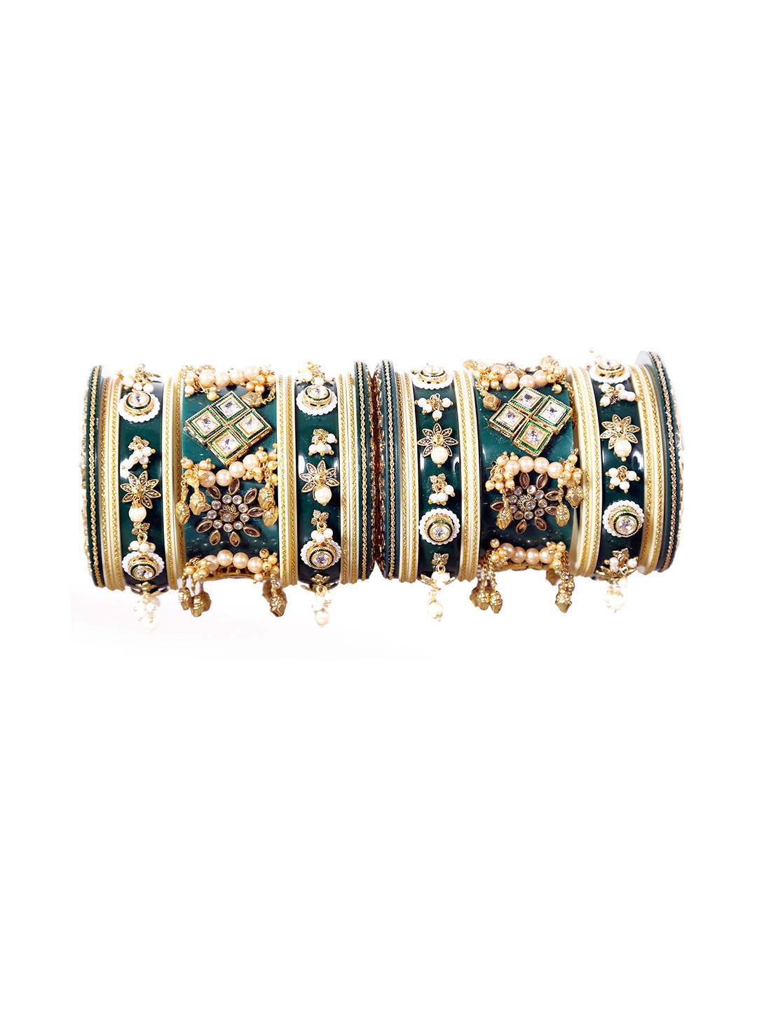 

Align Set Of 2 Gold-Plated Stone-Studded & Pearls Beaded Chuda Bangles