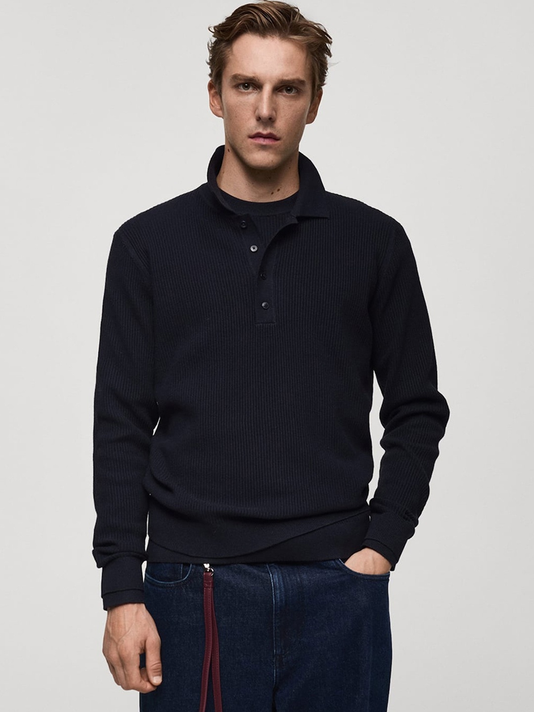 

MANGO MAN Ribbed Polo Neck Pullover, Navy blue