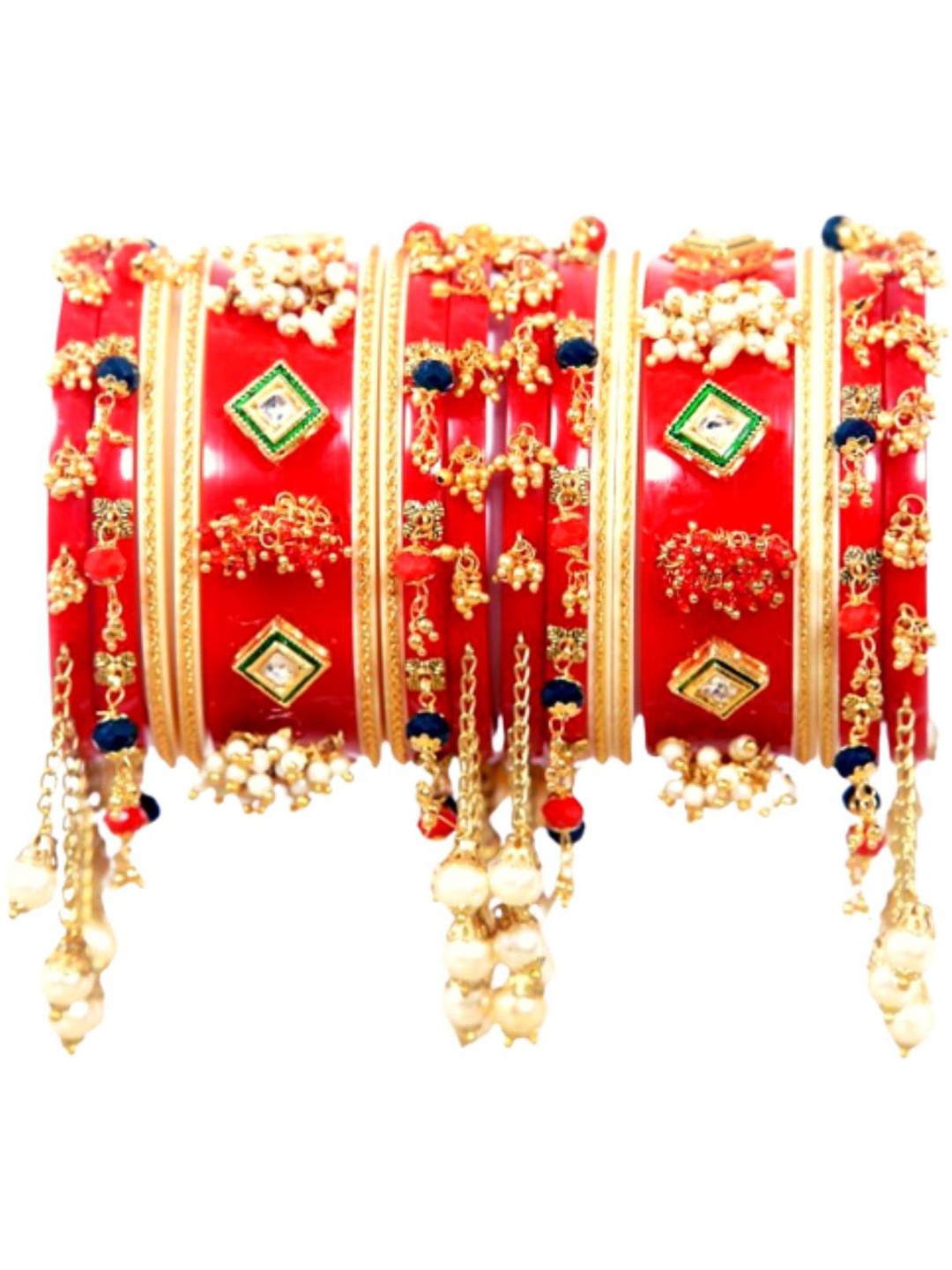 

Align Set Of 2 Stone-Studded & Mother of Pearl Beaded Chuda Bangles, Red