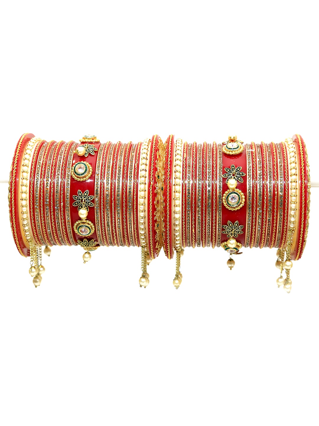 

Align Set Of 2 Gold-Plated Stone-Studded & Beaded Pearl Chuda Bangles