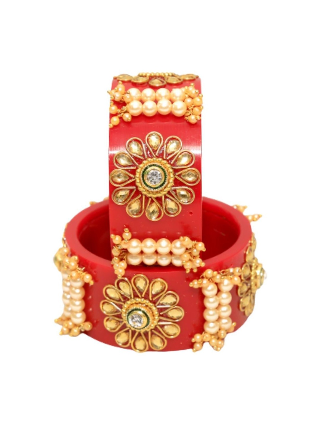 

Align Set Of 2 Gold Plated Stone Studded & Pearls Beaded Bangles