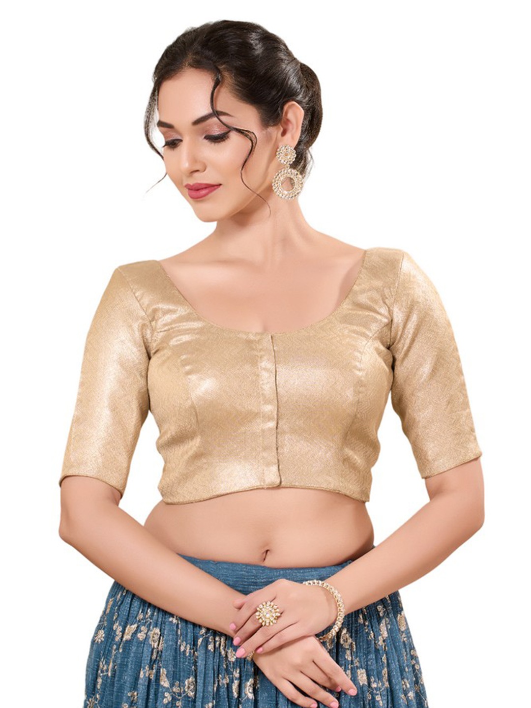 

Mmore Women Woven Design Silk Round Neck Readymade Saree Blouse, Gold