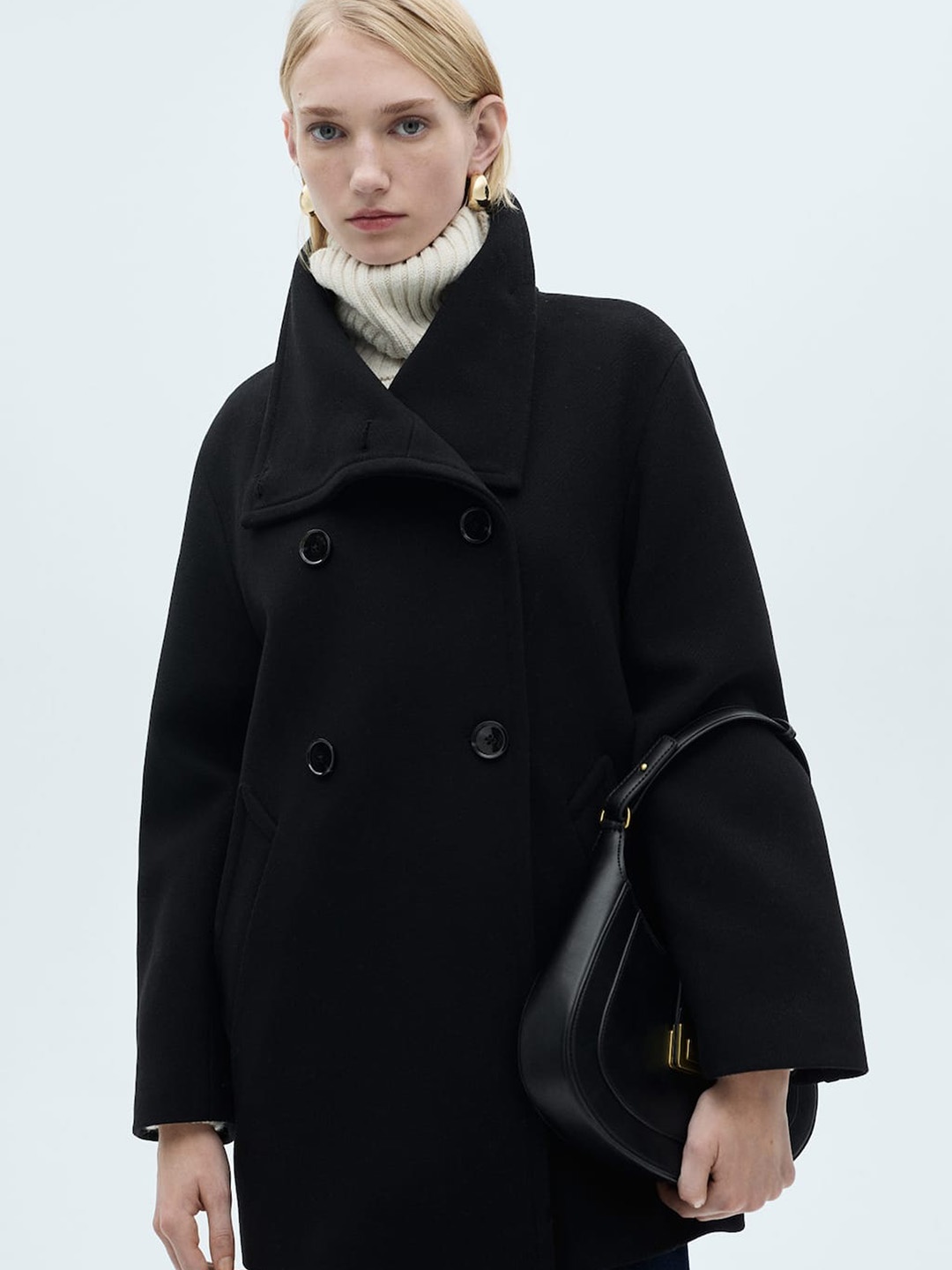 

MANGO Wraparound Collar Double-Breasted Longline Overcoat, Black