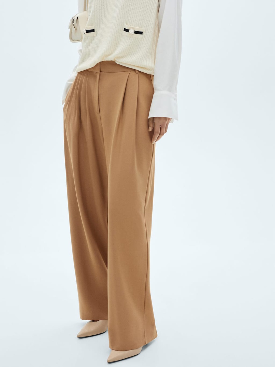 

MANGO Women High-Rise Pleated Flared Fit Wide Leg Trousers, Brown