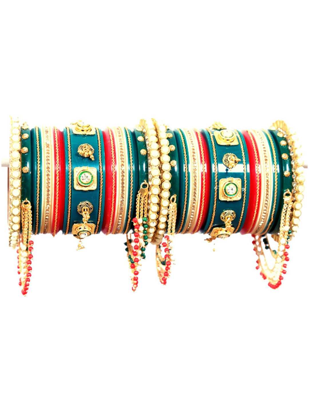 

Align Set Of 2 Gold-Plated Stone Studded & Pearls Beaded Chuda Bangles