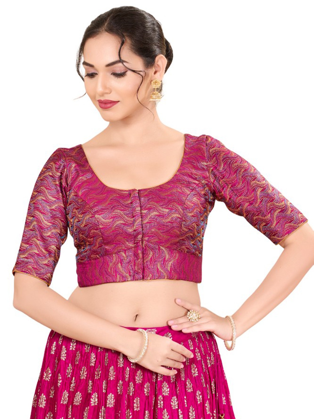 

Mmore Jacquard Round Neck Readymade Padded Saree Blouse, Purple