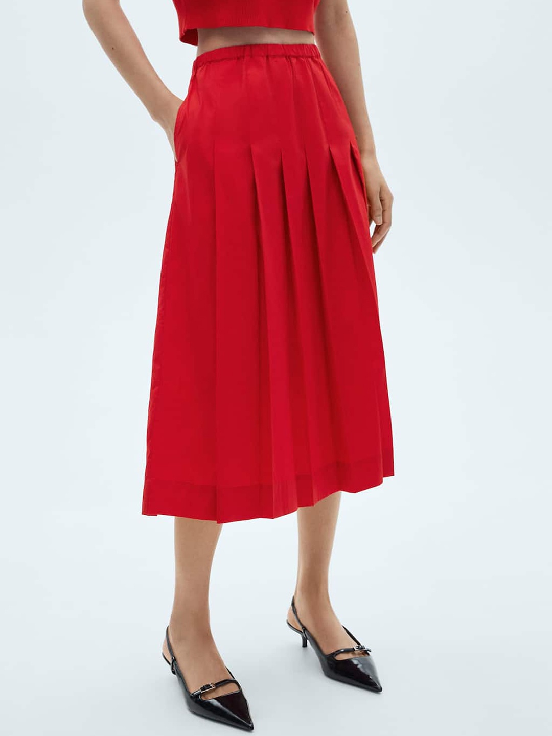 

MANGO Pure Cotton Pleated Skirt, Red