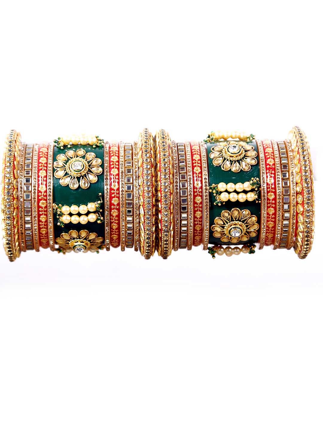 

Align Set Of 2 Gold-Plated Stone-Studded & Pearl Beaded Chuda Bangles