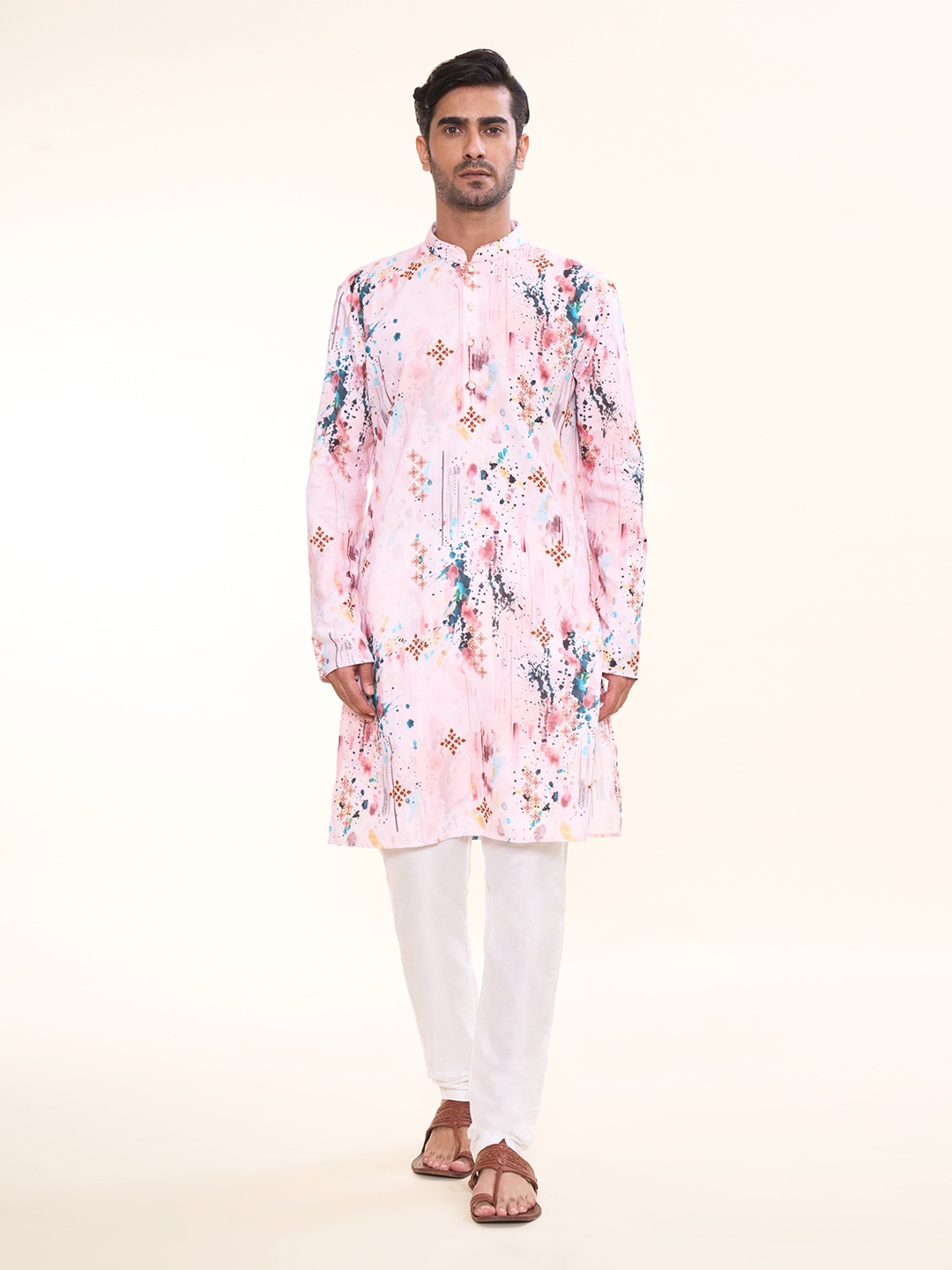 

Arihant Rai Sinha Mandarin Collar Abstract Printed Straight Kurta with Churidar, Pink