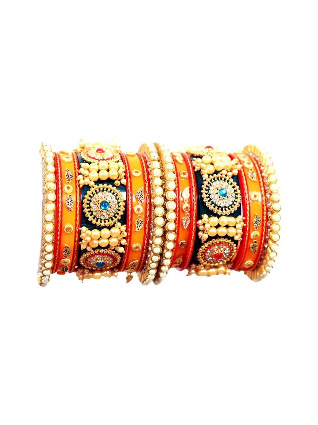 

Align Set of 2 Gold-Plated Stone Studded & Pearls Beaded Chuda Bangles, Orange
