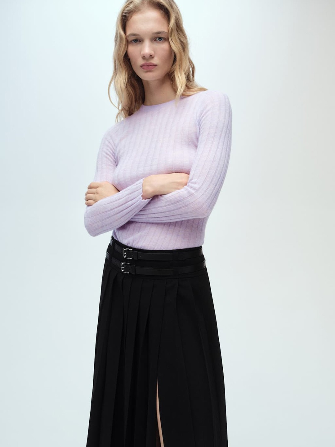

MANGO Women Ribbed Pullover, Lavender