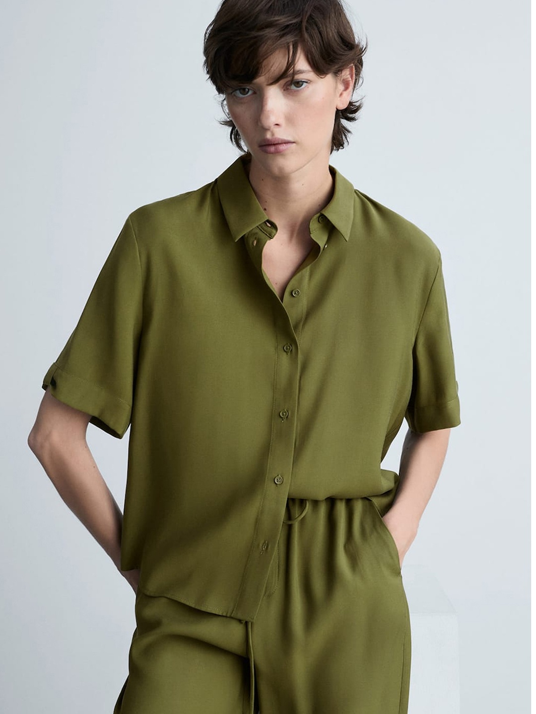 

MANGO Drop-Shoulder Sleeve Shirt, Olive