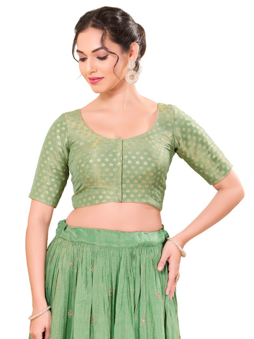 

Mmore Tissue Round Neck Readymade Padded Saree Blouse, Green