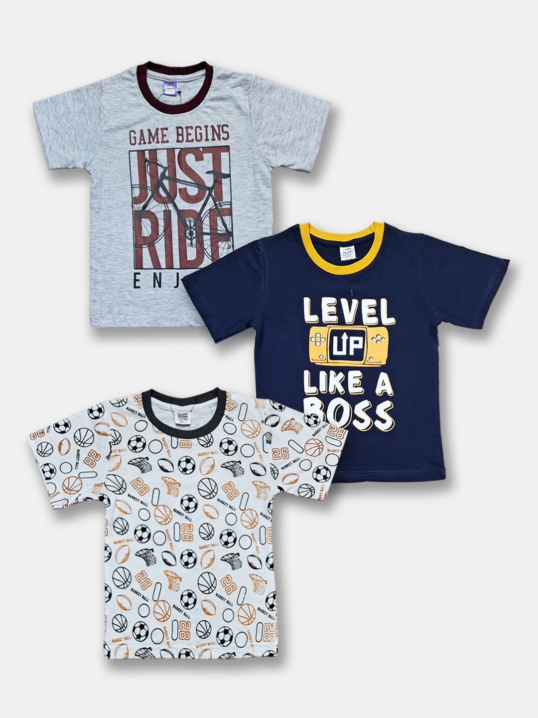 

Here&Now X Game Begins Boys Pack Of 3 Assorted Typography Printed Pure Cotton T-shirts