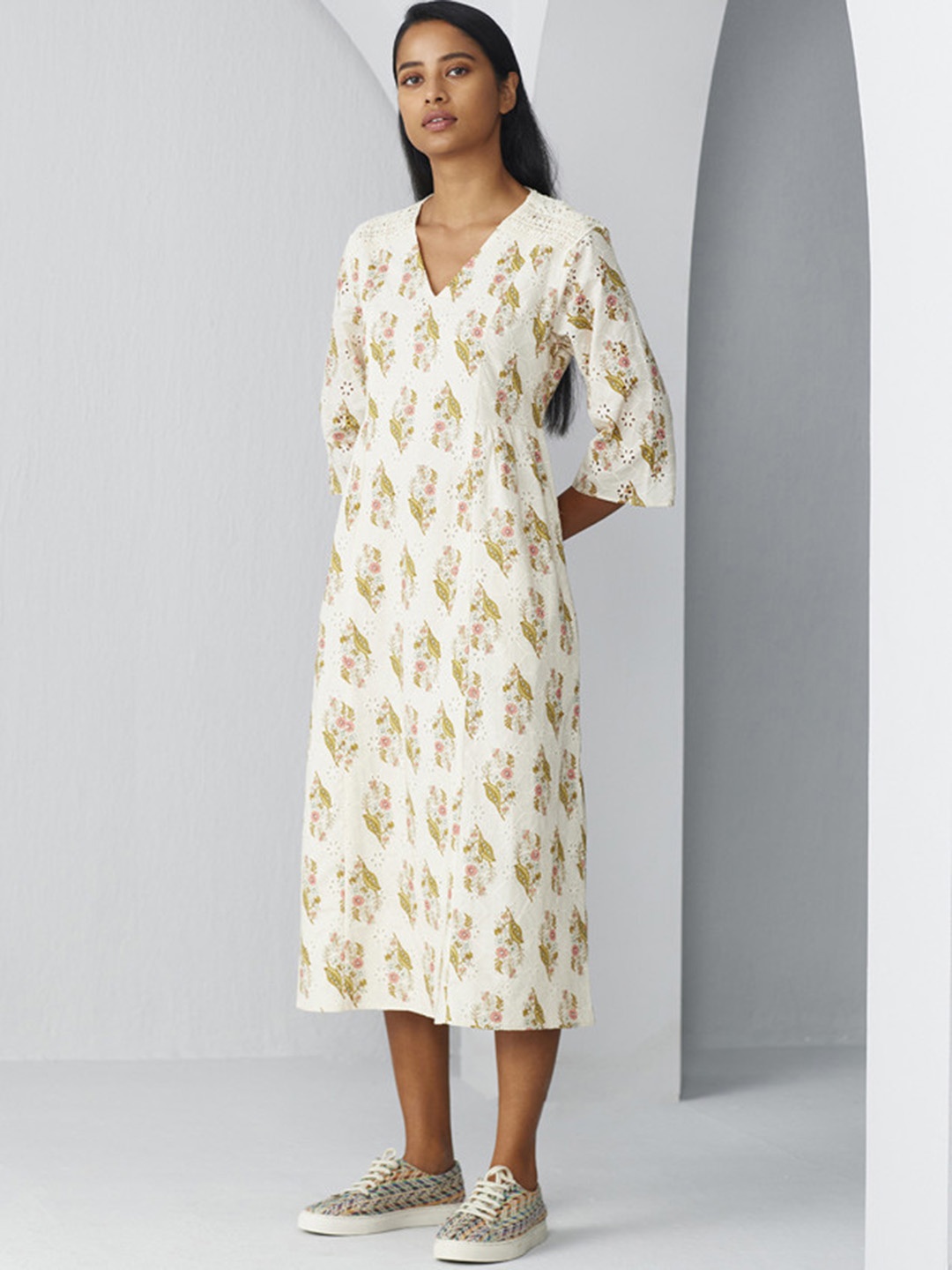 

Ancestry Floral Print Puff Sleeve Formal A-Line Midi Dress, Beige