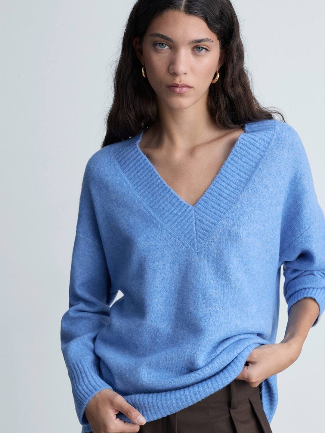 

MANGO Oversized V-neck Longline Pullover, Blue