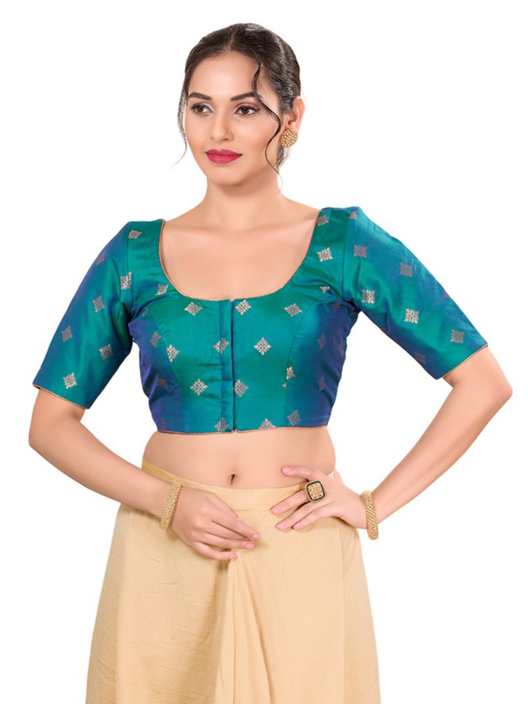 

Mmore Round Neck Readymade Padded Blouse, Green