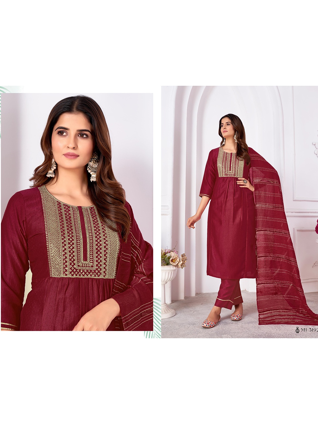 

Rujave Women Paisley Empire Pure Silk Kurta with Trousers & With Dupatta, Maroon