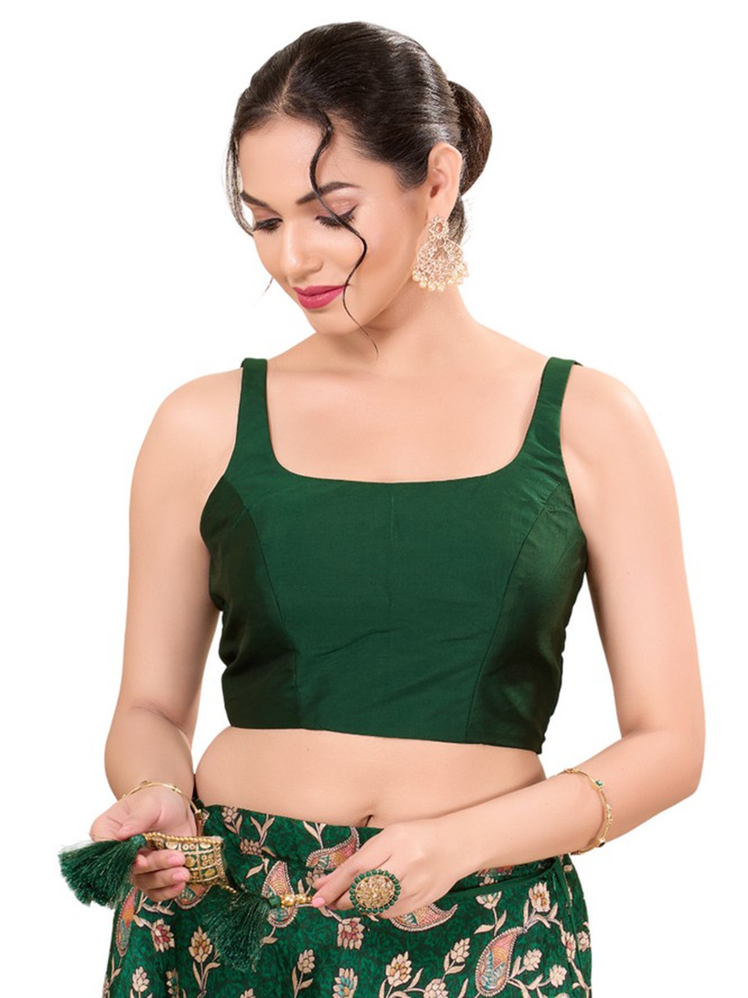 

Mmore Jacquard Round Neck Readymade Padded Blouse, Green