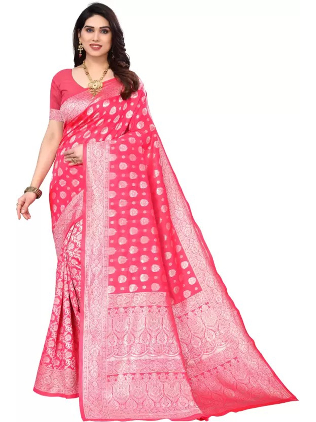 

KALINI Ethnic Motifs Woven Design Zari Pure Silk Banarasi Saree, Pink