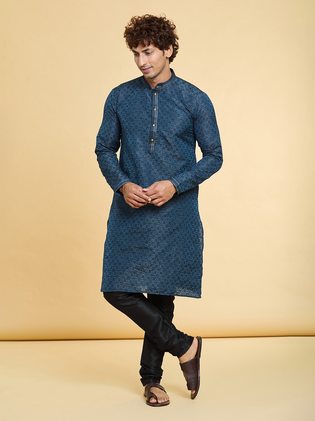 

Arihant Rai Sinha Mandarin Collar Floral Woven Design Straight Kurta with Churidar, Blue