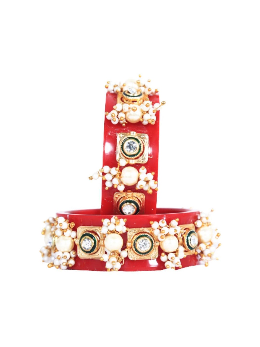 

Align Set Of 2 Stone-Studded & Beaded Pearl Chuda Bangles, Red