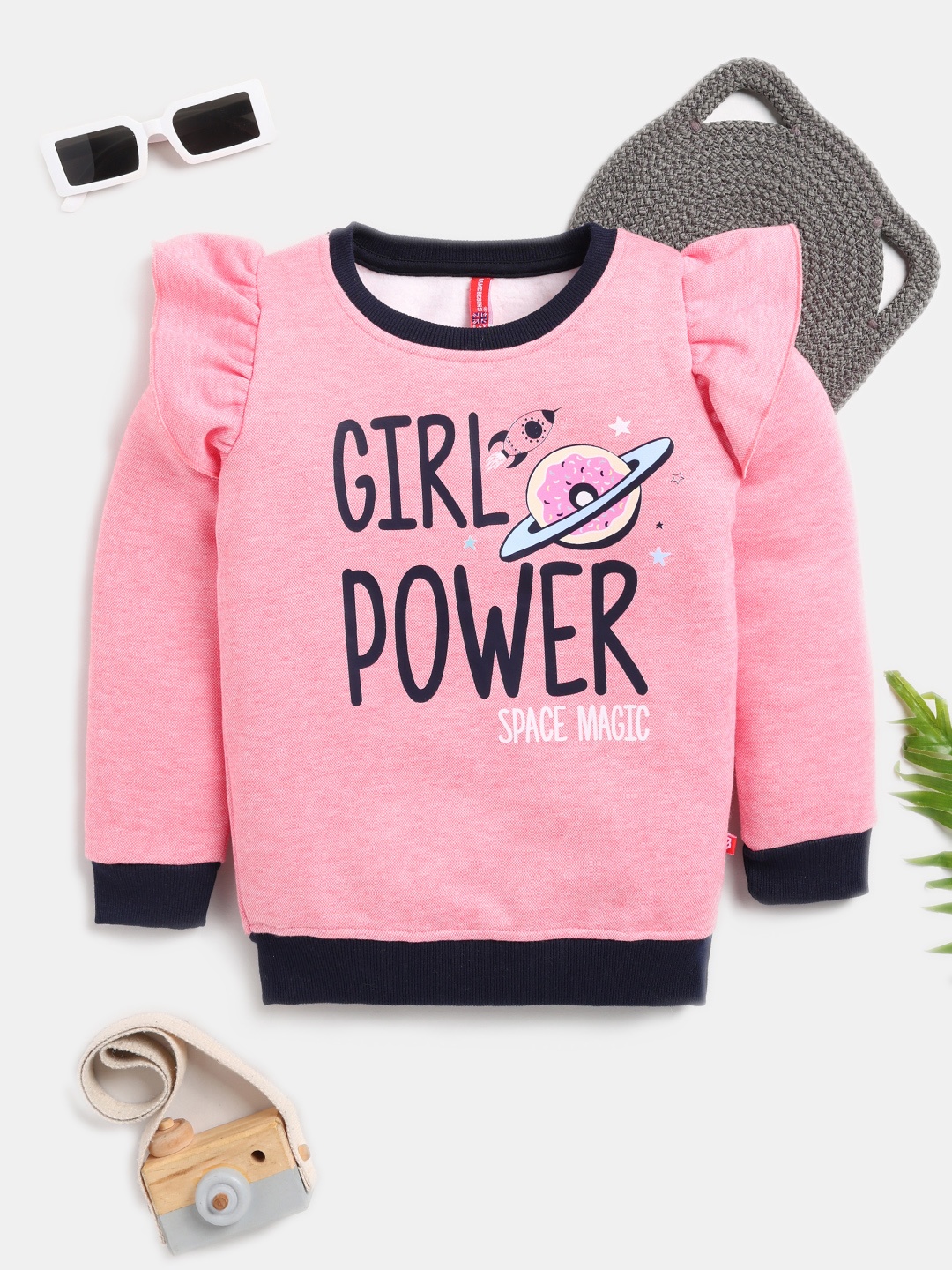 

Here&Now X Game Begins Girls Typography Printed Pure Cotton Sweatshirt with Ruffles, Pink