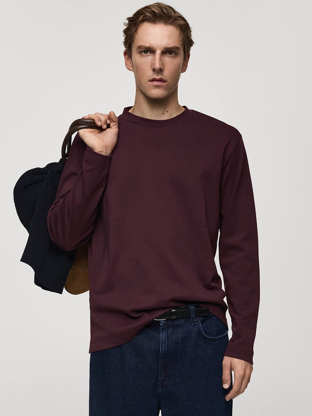 

MANGO MAN Drop-Shoulder Sleeve Cotton T-shirt, Burgundy