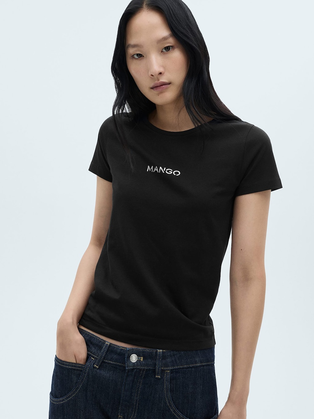 

MANGO Typography Printed Pure Cotton T-shirt, Black