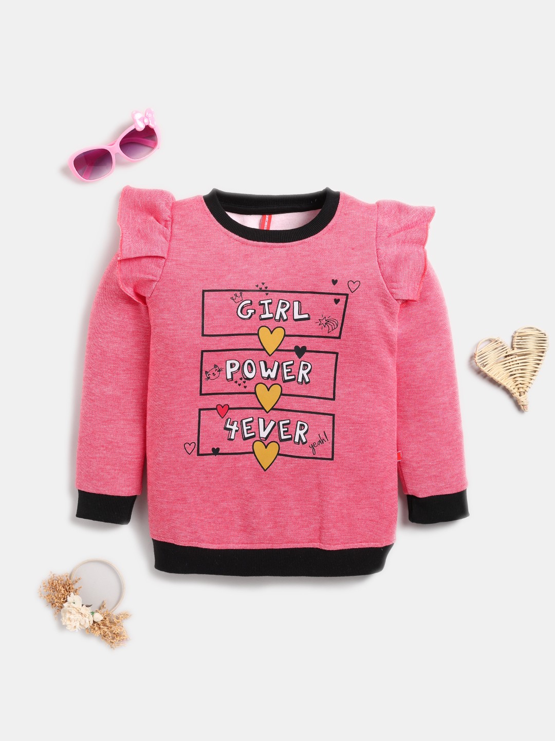 

Here&Now X Game Begins Girls Typography Printed Pure Cotton Sweatshirt with Ruffles, Pink
