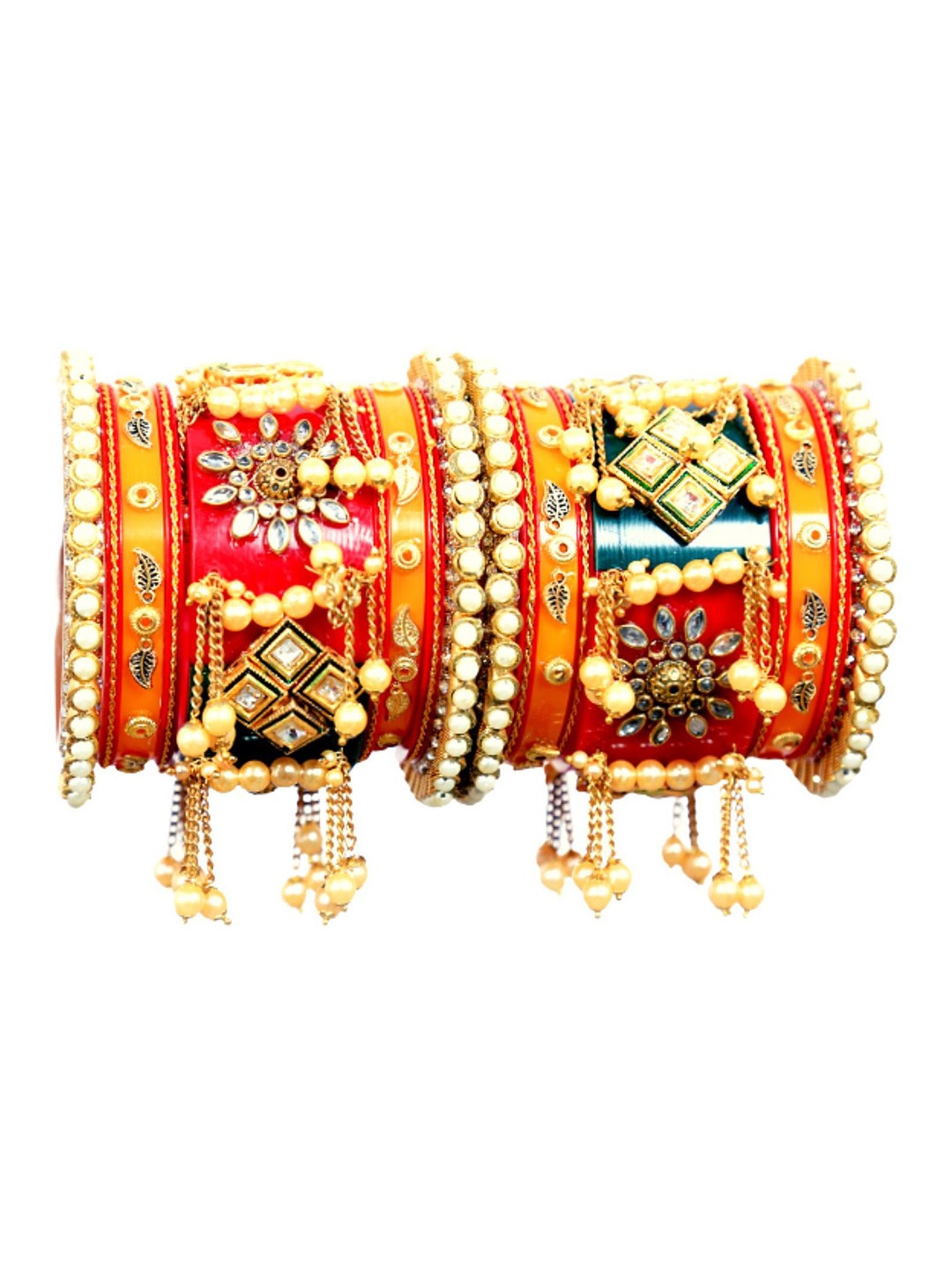 

Align Set Of 2 Gold-Plated Stone Studded & Pearls Beaded Chuda Bangles