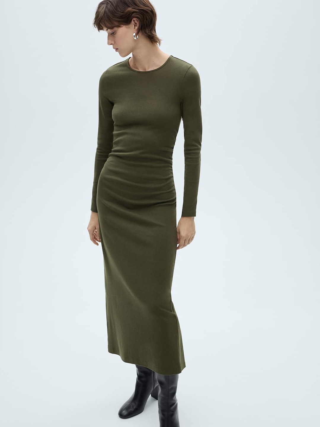 

MANGO Back Slit Ribbed Sheath Midi Dress, Olive