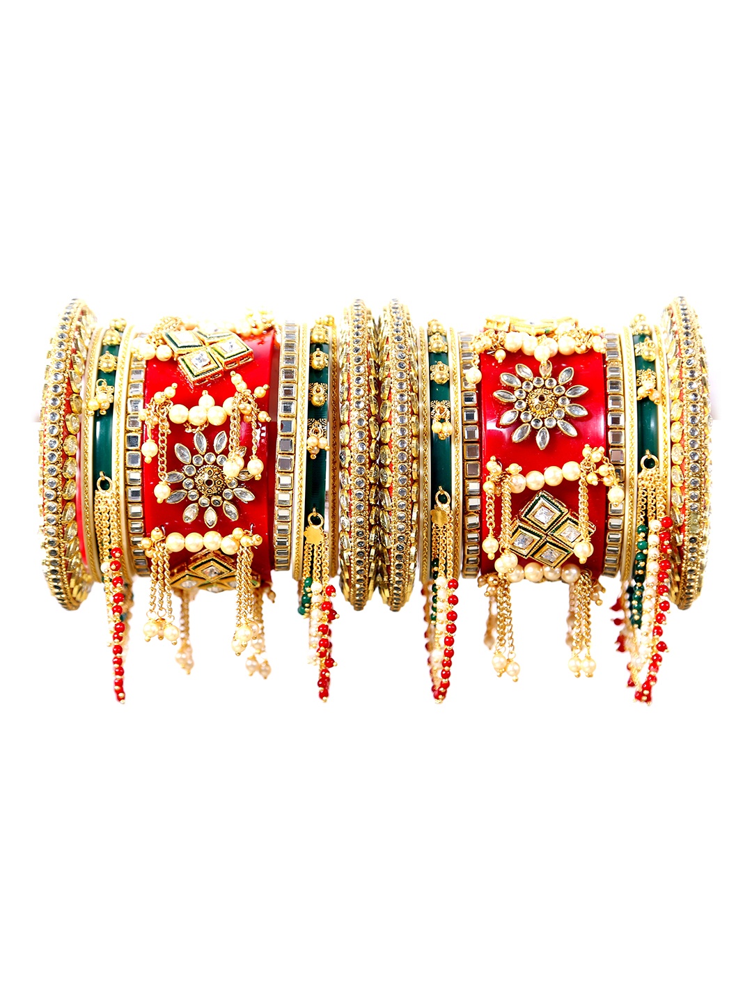 

Align Set Of 2 Gold-Plated Stone Studded & Pearls Beaded Chuda Bangles