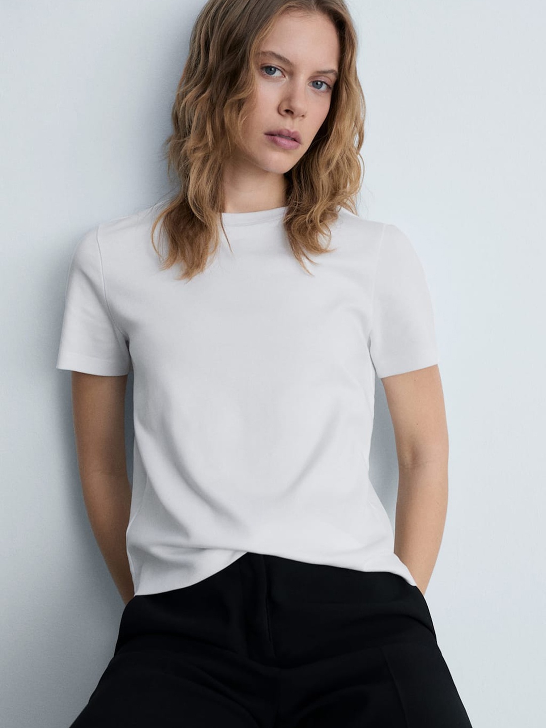 

MANGO Women Pure Cotton T-shirt, Off white