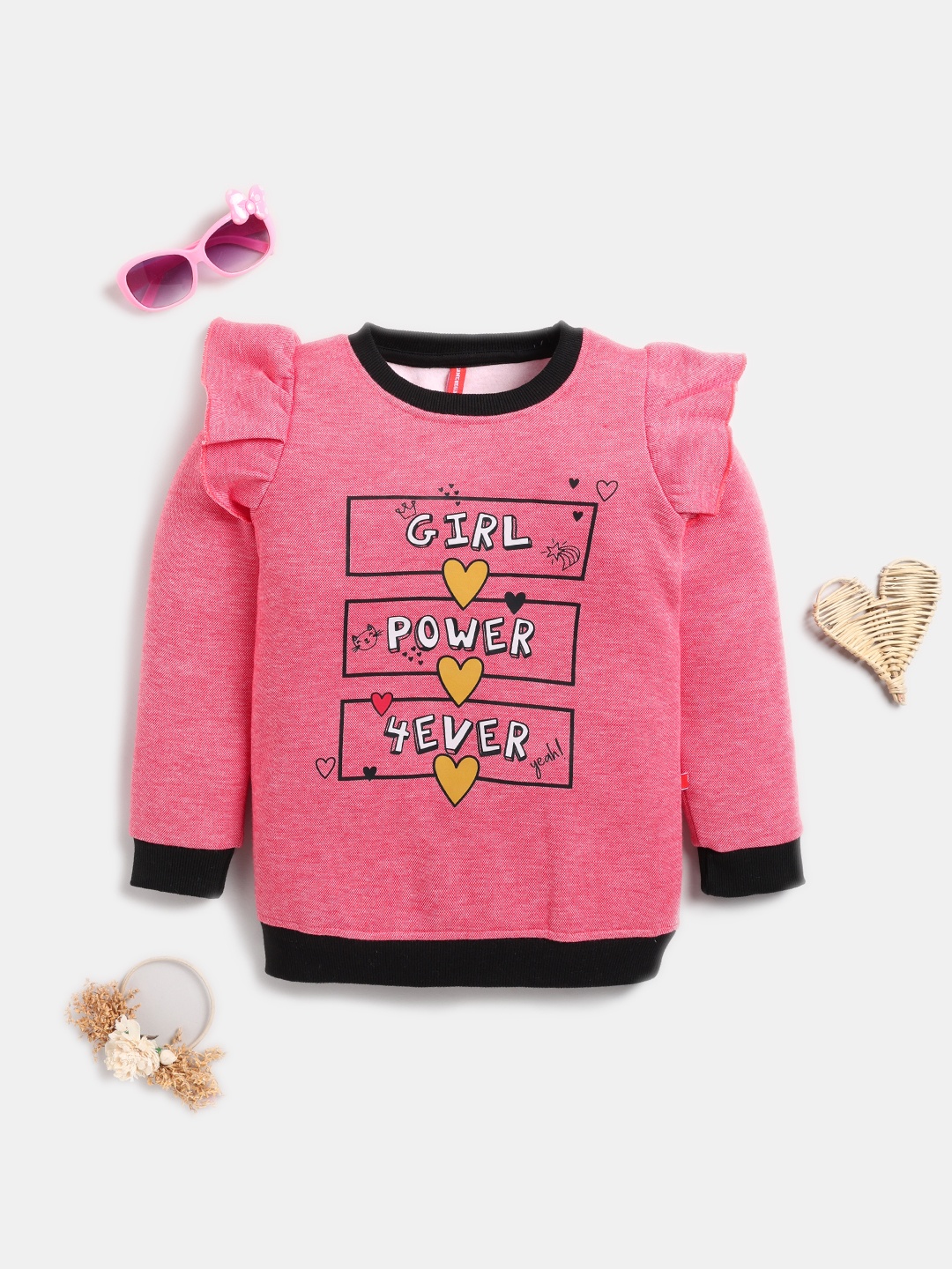 

Here&Now X Game Begins Girls Typography Printed Pure Cotton Sweatshirt with Ruffles, Pink