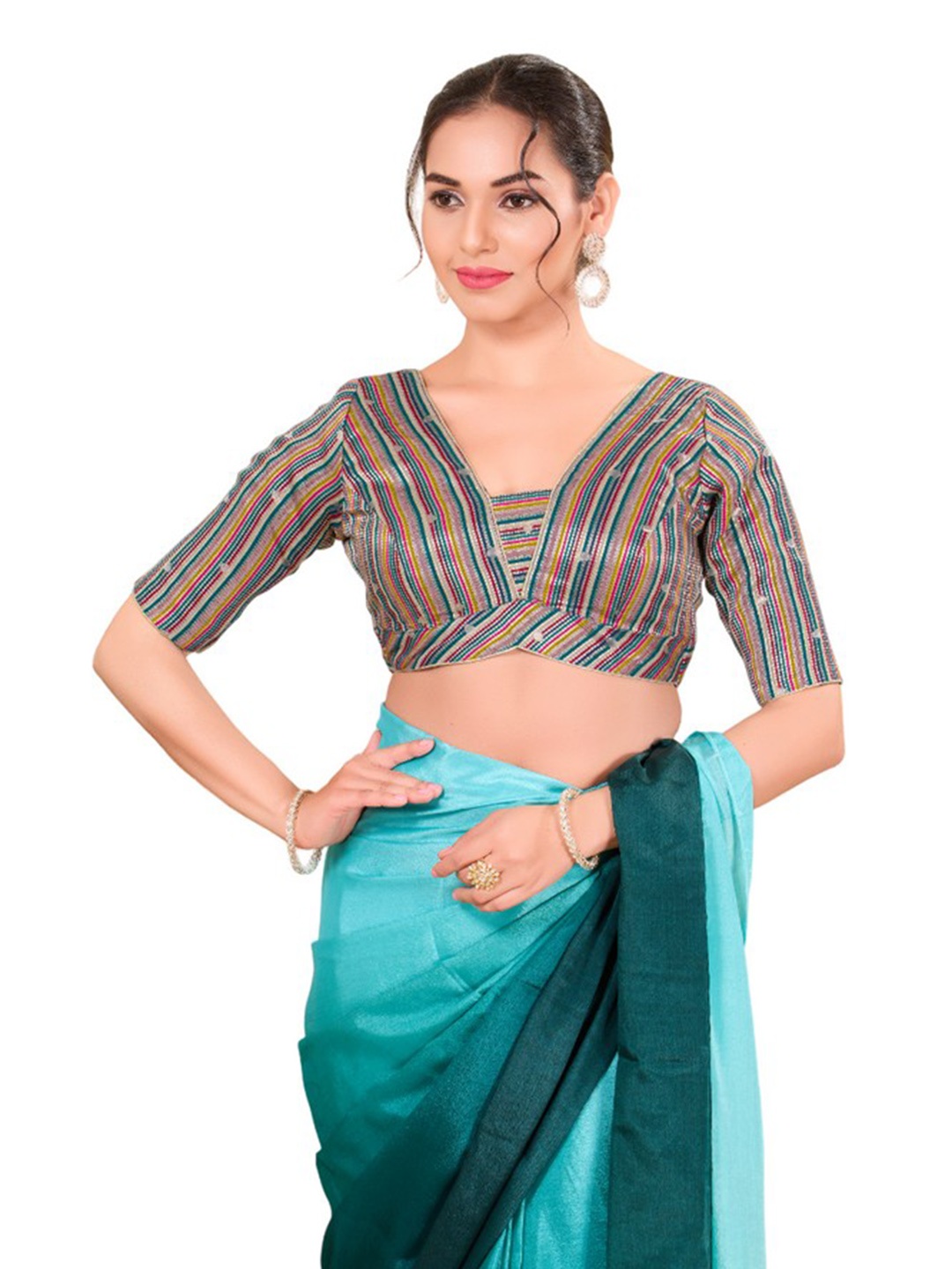 

Mmore Woven Design V-Neck Brocade Silk Readymade Blouse, Blue