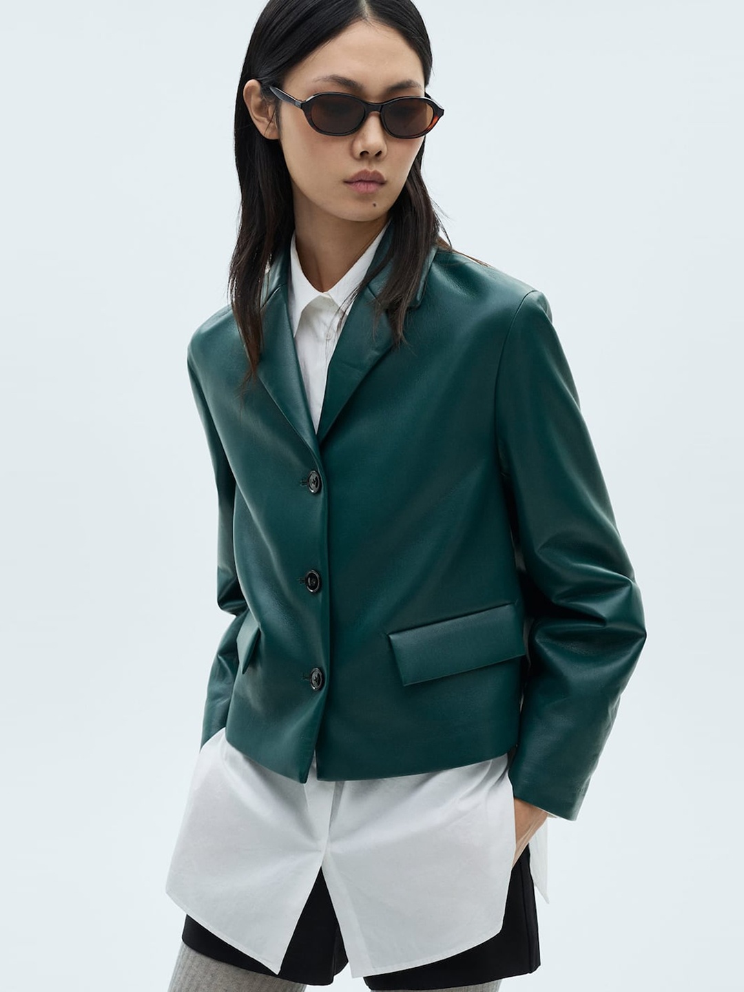 

MANGO Faux Leather Quilted Blazer, Green