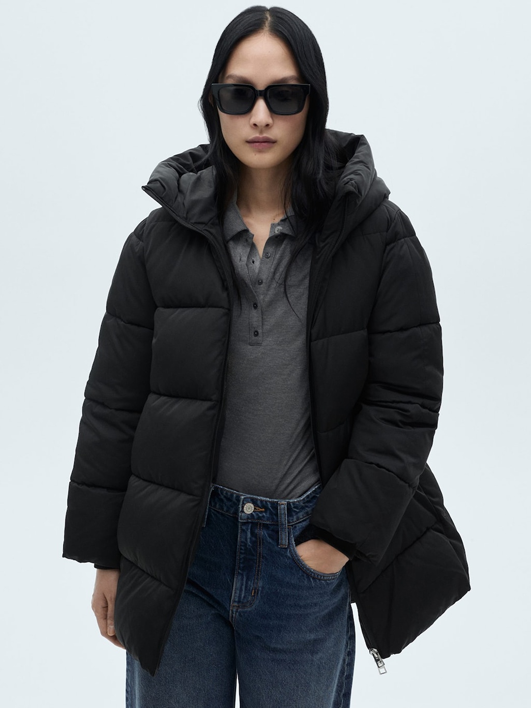 

MANGO Water-Repellent Longline Hooded Padded Jacket, Black