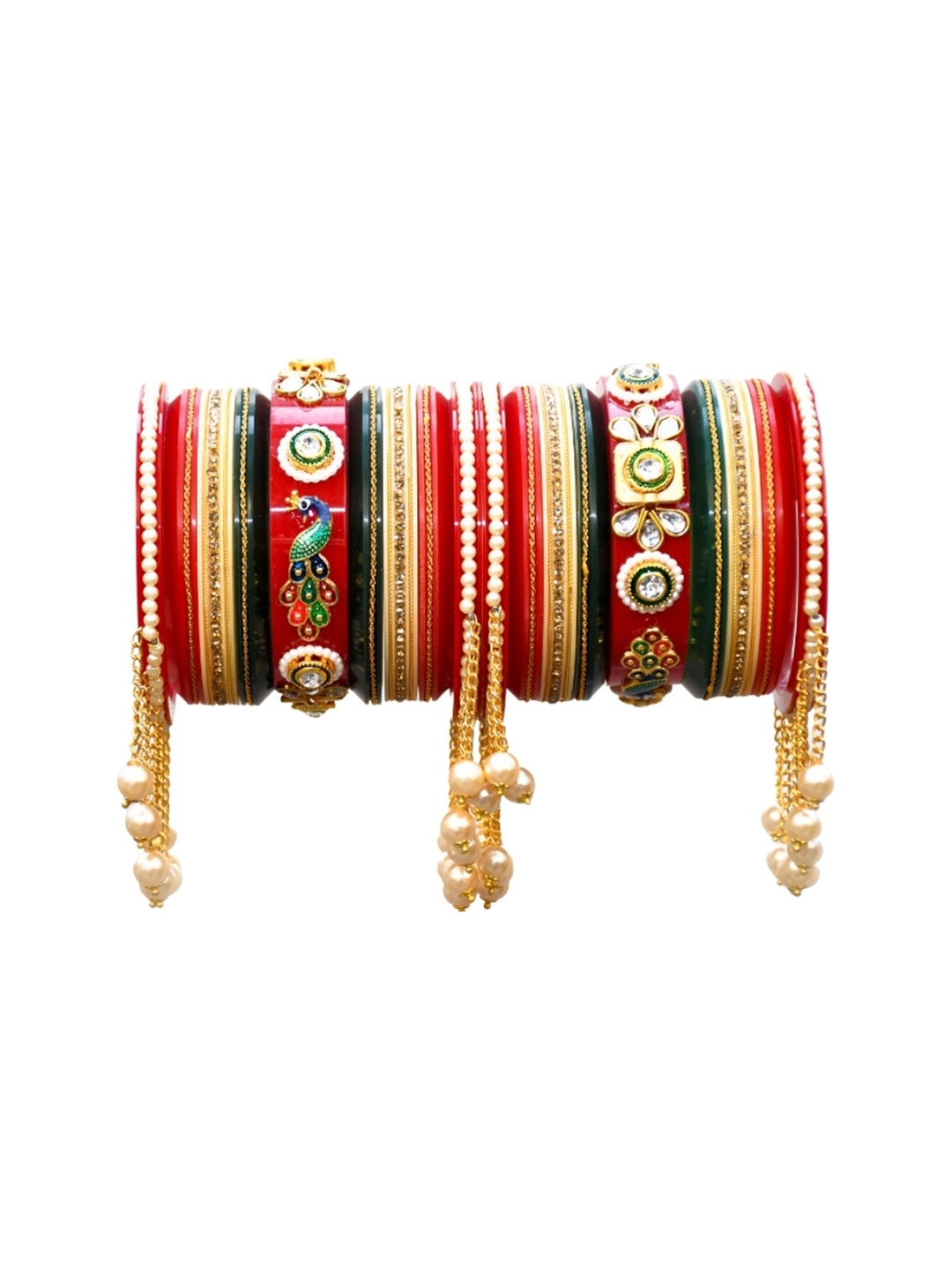 

Align Set Of 2 Gold-Plated Stone Studded & Pearls Beaded Chuda Bangles