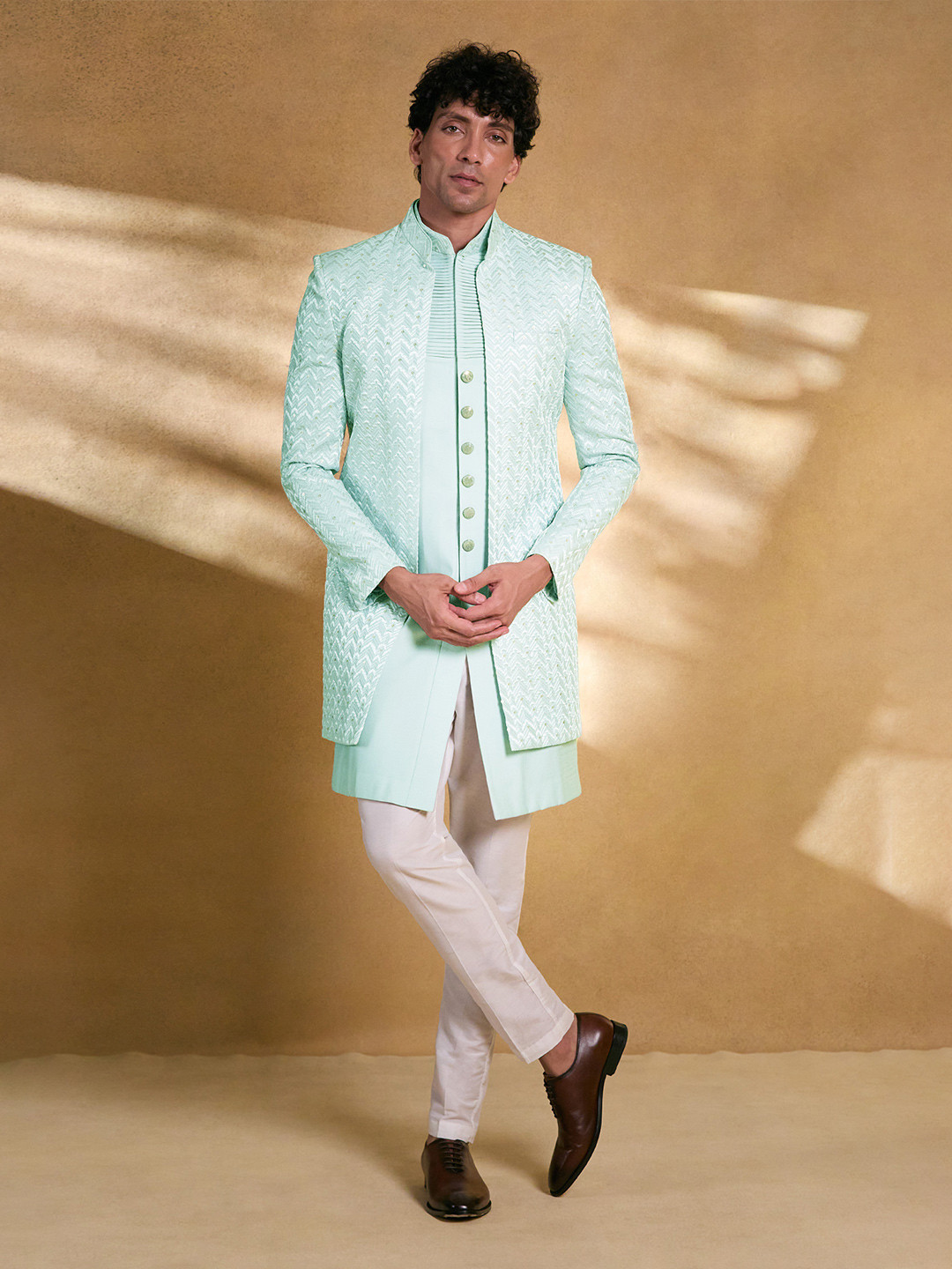 

Alaya Advani Men Chevron Sequin Embroidered Sherwani Set, Blue