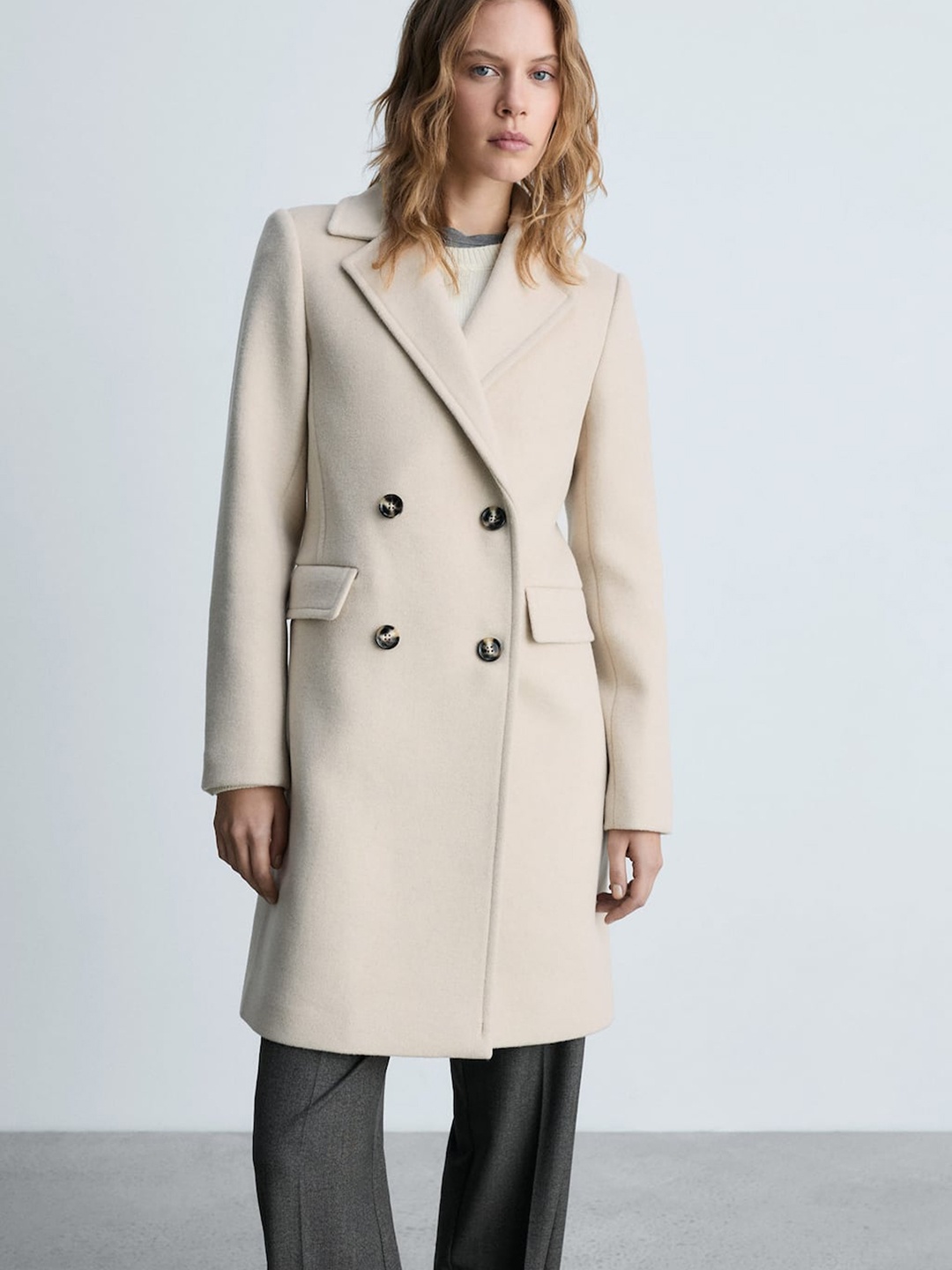 

MANGO Double-Breasted Longline Coat, Beige