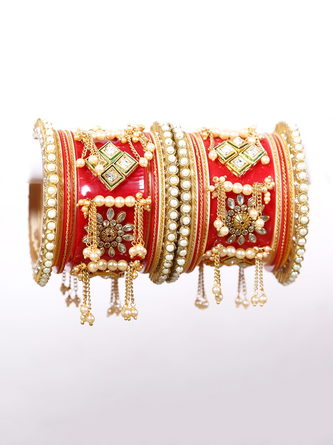 

Align Set Of 2 Stone-Studded & Pearls Beaded Chuda Bangles, Gold