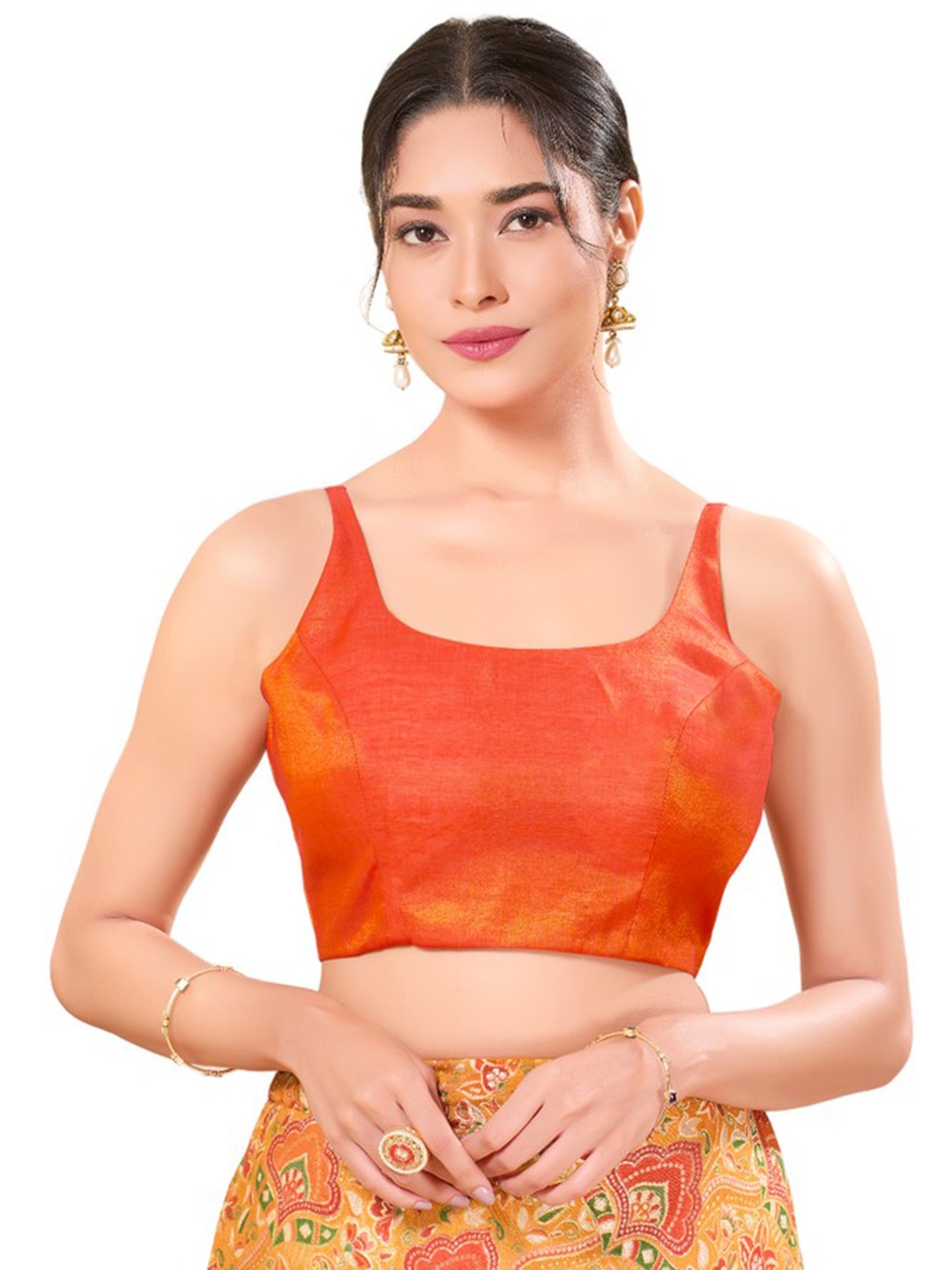 

Mmore Women Round Neck Readymade Saree Blouse, Orange