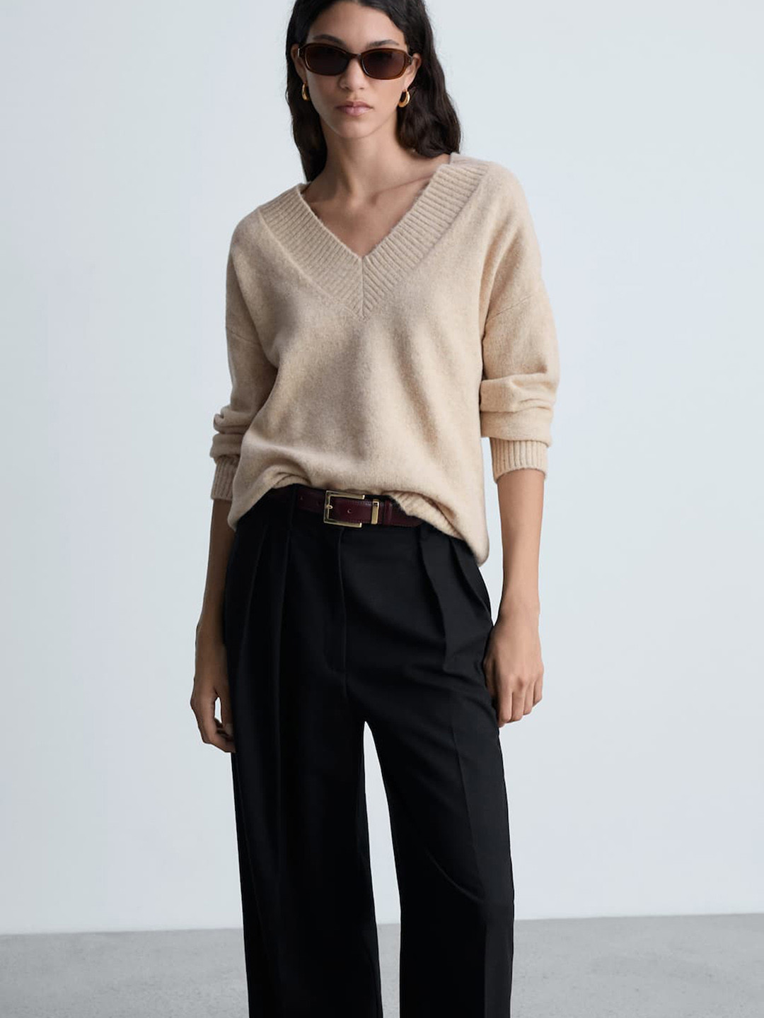 

MANGO Ribbed Trims Pullover, Beige